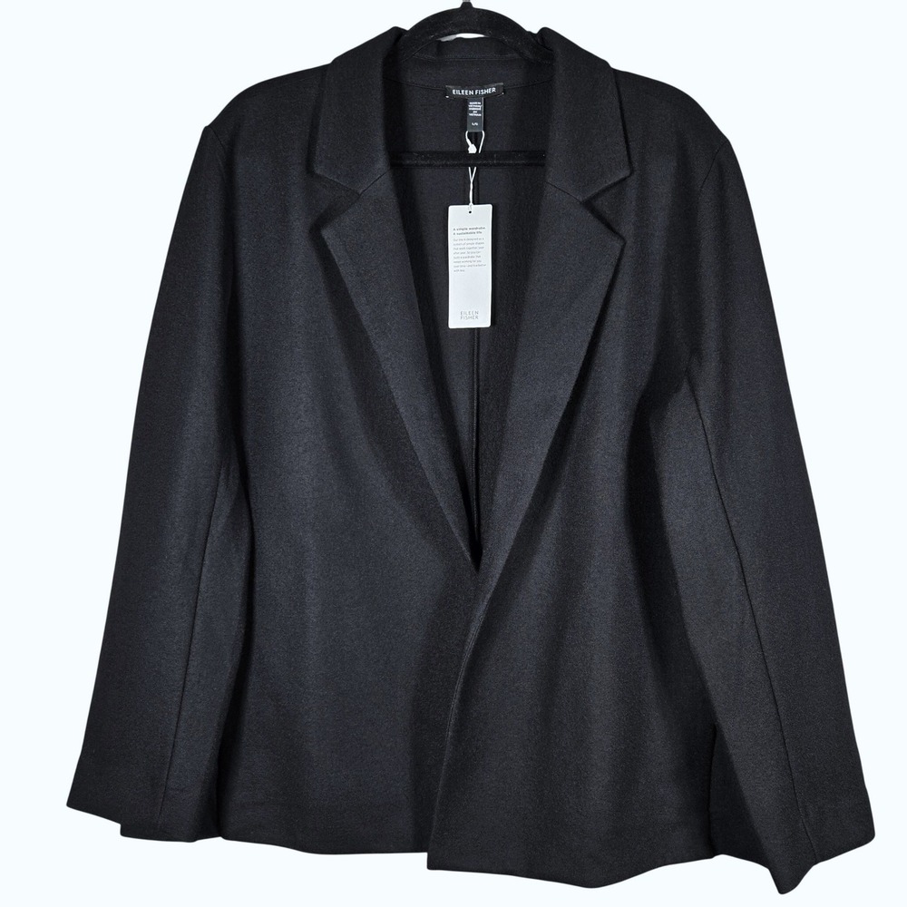 Eileen Fisher Boiled Wool Blazer Jacket Size L Black Open Front Minimalist NWT